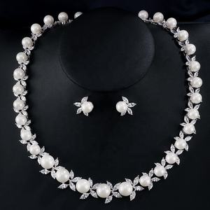 Babol sp030 pérolas brancas, com aaa zircão diamante colar, brincos, conjuntos de joias de casamento, mulheres, luxo, prata, joias - Product Image 2
