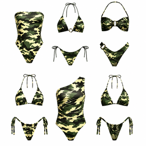 Maillot de bain 2 pièces asymétrique pour femme, motif camouflage, col halter, écologique, avec haut bandeau à une épaule et string à nouer sur les côtés, pour la plage - Product Image 1