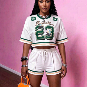 Women's <b>White</b> Green 23 Number Striped Two-<b>Piece</b> Shorts <b>Set</b> V-neck Short Sleeve Loose Fit Sporty Breathable Summer Side Stripe - Product Image 1