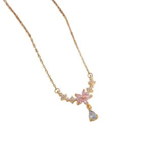 Collier tendance en acier inoxydable plaqué platine avec pendentif géométrique en forme de fleur et zircon en goutte d'eau, avec chaîne de clavicule - Product Image 4
