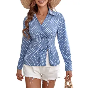Stylish Women Shirt Polka Dot V-neck Long Sleeve Slim Fit Women Shirt Casual Shirt