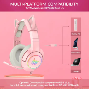 Onikuma K9 Design tendance 7.1 <span class=keywords><strong>casque</strong></span> de jeu filaire à son surround <span class=keywords><strong>virtuel</strong></span> avec oreille de chat détachable <span class=keywords><strong>pour</strong></span> les joueuses - Product Image 4