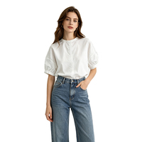 Chemisier court vintage ample à col rond pour femme, doux et agréable pour la peau, à rayures fines, manches bouffantes, rafraîchissant, résistant aux plis, pour usage quotidien