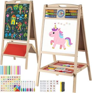 Caballete <span class=keywords><strong>de</strong></span> Madera para Niños con Ábaco, Pizarra Magnética <span class=keywords><strong>de</strong></span> Doble Cara, Pizarra Blanca y Pizarra <span class=keywords><strong>de</strong></span> Tiza, Caballete Plegable - Product Image 1