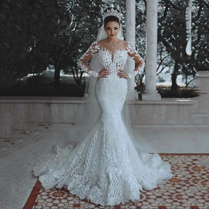 Mermaid Lace Wedding Dress V-Neck Long Sleeve White Floral Print Bridal Gown With Train - Product Image 1