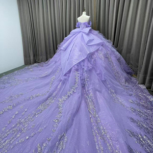 Abito da Quinceañera <span class=keywords><strong>color</strong></span> <span class=keywords><strong>lavanda</strong></span> con applicazioni floreali 3D in pizzo, abito da ballo da principessa per il 16° compleanno, con vita impero e strascico, Vestidos De 15 Anos - Product Image 4