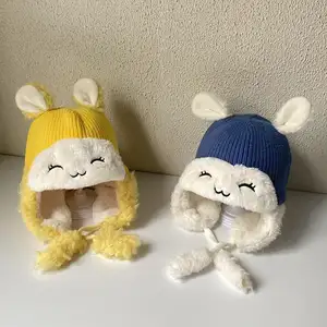 Cappello invernale per bambini in velluto di peluche per bambini con cappello con orecchio di coniglio per ragazze e ragazzi sciarpa con cappuccio pesante per neonati