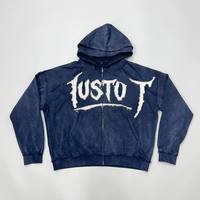 Sweat à capuche zippé pour homme en molleton de coton épais, style streetwear Y2K grunge, avec appliqué vieilli, vente en gros personnalisée