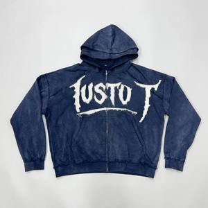 Sudadera con capucha para hombre, personalizada, al por mayor, de algodón grueso, estilo streetwear Y2K grunge, con apliques desgastados y cremallera. - Product Image 2
