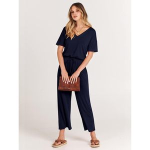 Combinaison courte décontractée d'été pour femme FOXA, manches courtes, col en V, taille élastique, jambes larges, avec poches - Product Image 6