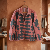 Veste bomber en velours de coton brodée à la main, motif floral, manches longues, col rabattu, réversible, vintage, vêtements d'hiver pour femmes