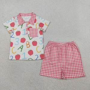 Tenue pour tout-petits pour la rentrée scolaire avec imprimé ABC et pomme, polo à carreaux pour garçons, robe à volants et ensemble short pour filles - Product Image 5