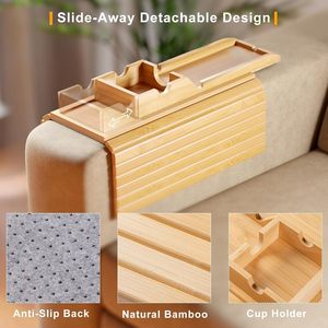 Bandeja Plegable de Bambú para Reposabrazos de Sofá con Portavasos Desmontable - Organizador Universal Antideslizante para Bebidas, Aperitivos y Teléfonos - Product Image 2