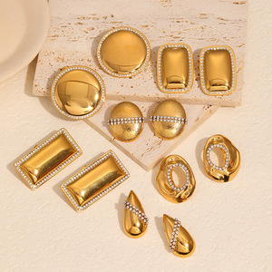 Geometric Diamond <b>Stud</b> Earrings Gold Tone <b>Titanium</b> Steel Bezel Setting Everyday Wear Fashionable Light Luxury Fine Jewelry - Product Image 1