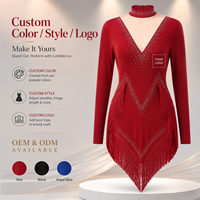Robe de danse latine rouge pour femmes, manches longues, paillettes, franges, costume de scène, robe de danse de salon, salsa, rumba, avec strass