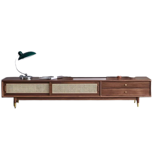 Mueble para TV de Madera Estilo Moderno de Mediados de Siglo con Puertas Corredizas y Cajones de Ratán - Product Image 1