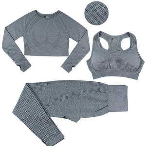 Femmes européennes américaines Jacquard Fitness Yoga Wear à manches longues <span class=keywords><strong>ensemble</strong></span> haut pantalon sans couture soutien-gorge à pois respirant taille légère - Product Image 6