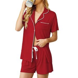 Set piyama wanita seksi, baju kancing pinggang elastis, set piyama malam pola polos adem Logo depan XL untuk musim semi musim panas musim gugur - Product Image 3