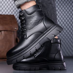 Bottes Martin pour hommes, bottes de travail chaudes d'hiver, bout rond, cuir, doublure en fourrure, semelle en caoutchouc isolante - Product Image 4