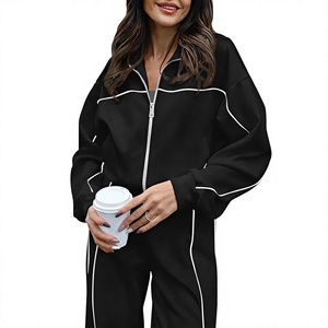 Women Black Full Sleeve Tracksuit With White Stripe Loose Fit Casual Zipper Front Sweatshirt And <b>Pants</b> Set - Product Image 2
