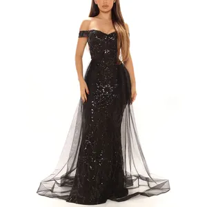 Elegant Evening Dresses Black Sequin Off Shoulder Sleeveless Tulle Skirt Overlay Maxi Dress Plus Size Evening Dresses