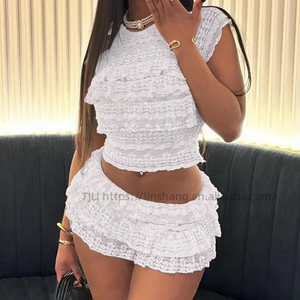 New Women's Solid Color Openwork Ruffled Short-Sleeved Top and Pleated Shorts <b>2</b>-<b>Piece</b> <b>Set</b> Fashion - Product Image 2