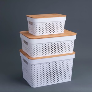 Storage <b>Baskets</b> Plastic <b>With</b> Bamboo <b>Lids</b> Rectangle Stackable For Neatening Storage 25.5x17.5x12.5 36x27x14 36x27x23 - Product Image 4