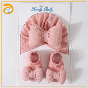 Algodón acanalado bebé sombrero calcetines conjunto bebé grandes lazos de pelo <span class=keywords><strong>turbante</strong></span> 0-12 meses recién nacido Beanie Calcetines - Product Image 3