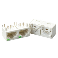 Konektor Jaringan Ethernet PCB Mount Berlapis Emas 8P8C Dengan LED Vertikal DIP, Jack RJ45 Dual Port 1*2 Full Plastik