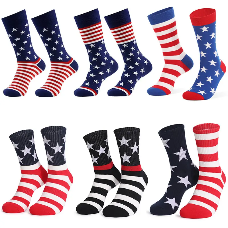 Siap kirim kaus kaki bendera Hari Kemerdekaan AS kaus kaki kasual tabung sedang bergaris cocok kaus kaki olahraga pria