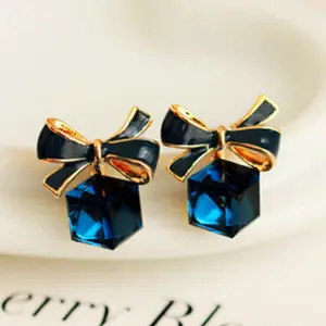 Wholesale korea cute black bowknot stud earrings mini blue hexagon crystal drop earrings for women