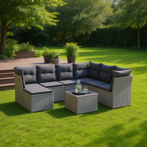 Conjunto de Sofás Modulares de Jardín en Poliratán Gris, 6 Plazas, Muebles de Exterior de Diseño Contemporáneo - Product Image 2