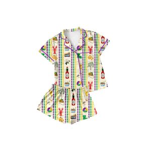 Conjuntos de Pijamas Familiares al por Mayor, Estampado de Mardi Gras, Manga Corta, Botones, Top y Pantalones Cortos para Mamá e Hija - Product Image 6