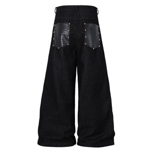 <span class=keywords><strong>Jeans</strong></span> pour hommes déstructurés avec empiècements en cuir imprimé serpent et rivets, coupe courbée, noirs, amples, à jambes larges, décontractés, longs - Product Image 3