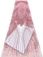 Tissu en dentelle brodée de sequins et de perles florales rouges de luxe avec perles lourdes, 5 yards