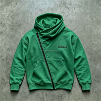 Veste à capuche streetwear asymétrique diagonale zippée, col châle oversize, en molleton bouclette, avec broderie de logo personnalisé, coupe irrégulière et fermeture éclair intégrale