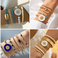 Conjunto de brazalete de ojos malvados azules de estilo exagerado bohemio, pulsera de perlas chapada en oro para mujer, joyería de moda
