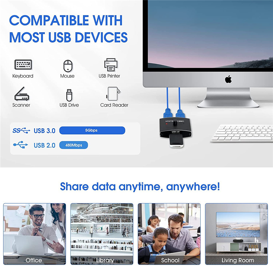 Interruttore USB 3.0 Per 4 Computer - Condivisore Tastiera, Mouse E 4 Dispositivi USB - Con Telecomando Desktop E 4 Cavi Inclusi - 2