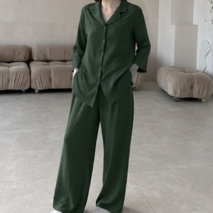 Pyjama élégant et décontracté pour <span class=keywords><strong>femme</strong></span>, style européen et américain, printemps-automne, manches longues, respirant, ensemble de vêtements de nuit en lin pour <span class=keywords><strong>femme</strong></span> - Product Image 2