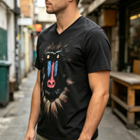 T-shirt décontracté pour homme à col en V noir avec imprimé babouin, personnalisable avec divers motifs animaliers
