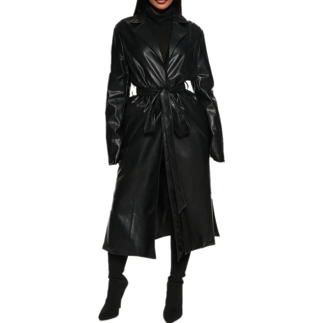 Trench-Coat Long en Faux cuir pour femme, manches longues, ceinturé, pardessus PU, nouvelle collection automne hiver