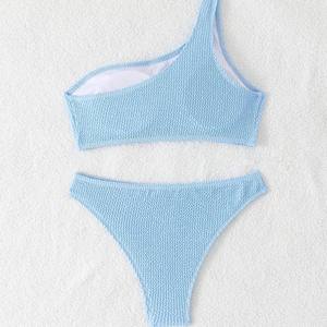 2025 playa sólido dos piezas un hombro Bikini para mujer Sexy cintura alta <span class=keywords><strong>Tanga</strong></span> Pantai y trajes de baño logotipo personalizado proveedor - Product Image 4
