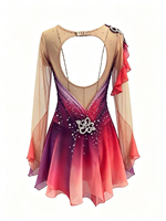 Robe de patinage artistique à épaule unique, dégradé rouge-violet, avec volants, manches longues en maille, dos ouvert orné de strass, pour adultes et enfants