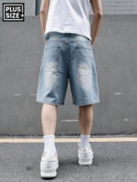 Shorts en jean pour hommes grandes tailles, coupe ample, délavés, bleu clair, décontractés