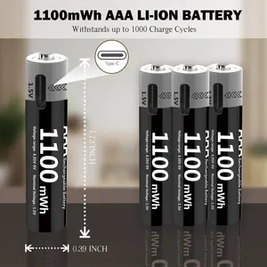 Logo Custom Oem Home Portable Small 1100mWH Type-C USB Rechargeable AAA Lithium Ion Battery