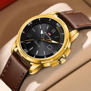 Montre élégante pour homme, accent doré, bracelet en cuir marron, cadran minimaliste, mouvement à quartz, idéale pour les cadeaux - Product Image 1