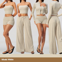 Nouvel ensemble de yoga 4 pièces pour femme, style rayé, avec débardeur sans bretelles, veste et pantalon ample, doux, respirant, tenue de sport décontractée