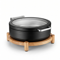 Ensemble de réchauds de buffet de luxe en acier inoxydable avec base en bois pour usage commercial en restaurant et hôtel