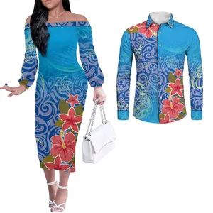 Tweedelige Lange Mouwen Sets Paar Kleren Blauw Polynesische Rode Tropische Bloemenprint Vrouwen Bodycon Jurk Bijpassende Shirts Voor Mannen