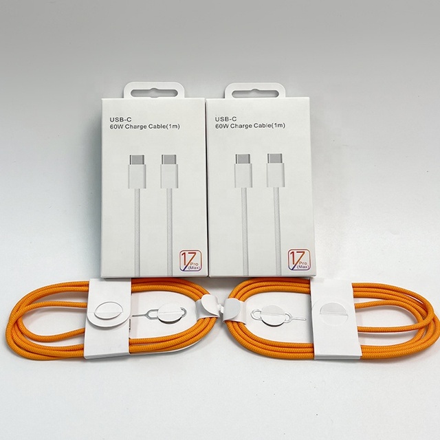 Orange Color Nylon Braided Cords Mobile Phone Charging Cord Type C 60W USB C Charger Cable for iPhone 1718 With Packing Box